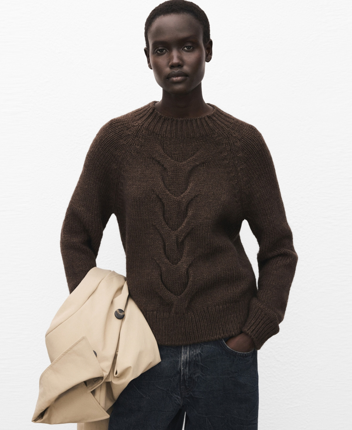 Mango Women's Perkins Neck Braided Sweater - Brown | Macy's