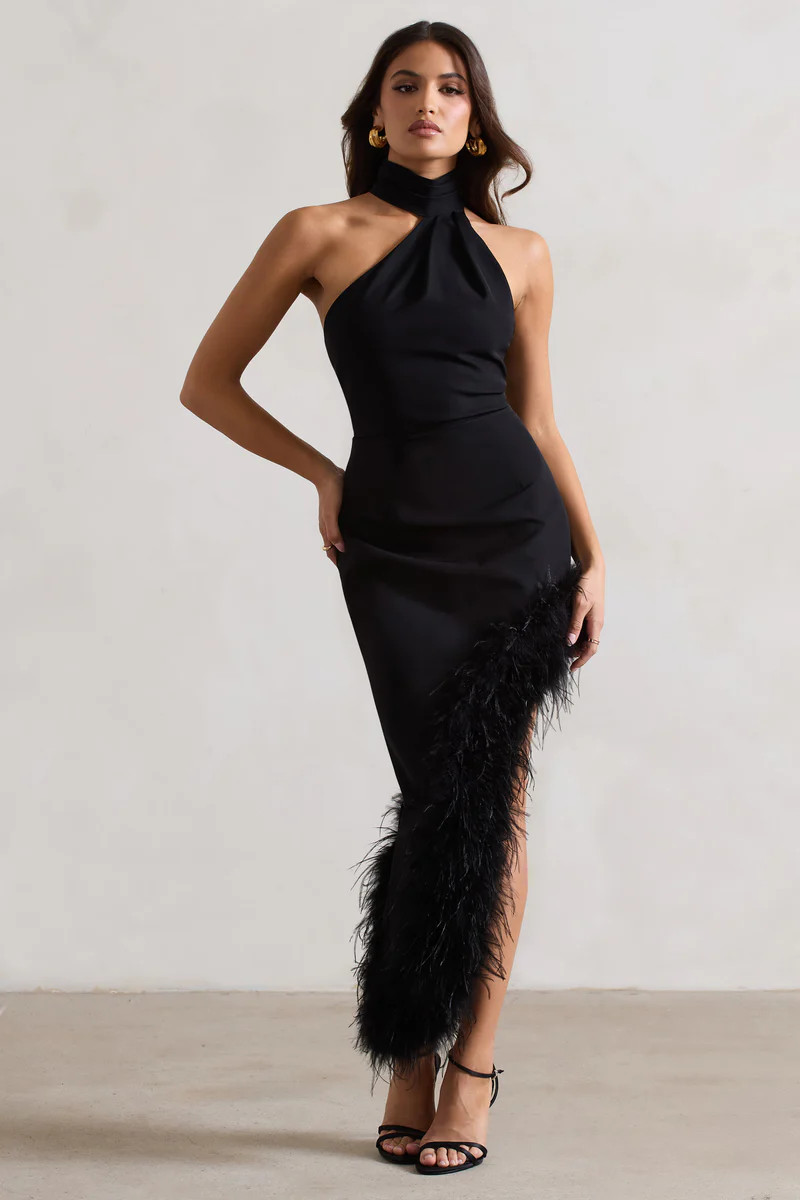 Brilliance | Black Asymmetric Maxi Dress With Feather Trim | Club L London