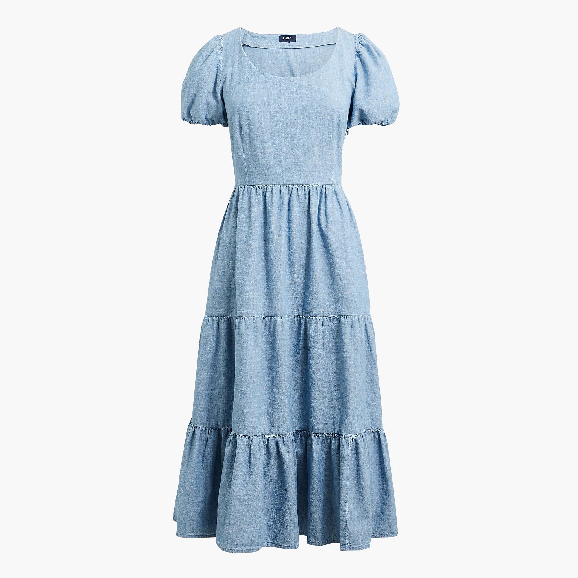 Chambray tiered puff-sleeve dress | J.Crew Factory