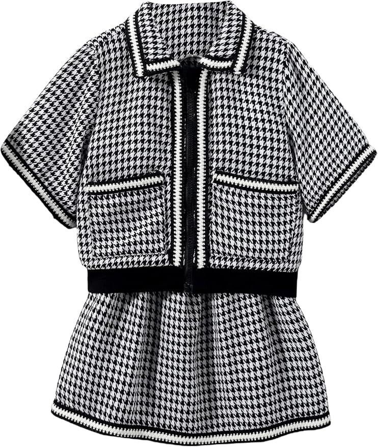 WDIRARA Girl's 2 Piece Outfits Houndstooth Zip Up Half Sleeve Jacket and A Line Skirt Set | Amazon (US)