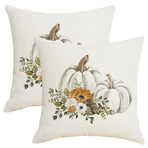 Fall Autumn Decor Throw Pillow Covers 18x18 Set of 2 Watercolor White Pumpkin Floral Leaves Decorative Pillows Cover Farmhouse Harvest Outdoor Thanksgiving Pillowcases for Home Couch Bed Decorations | Amazon (US)