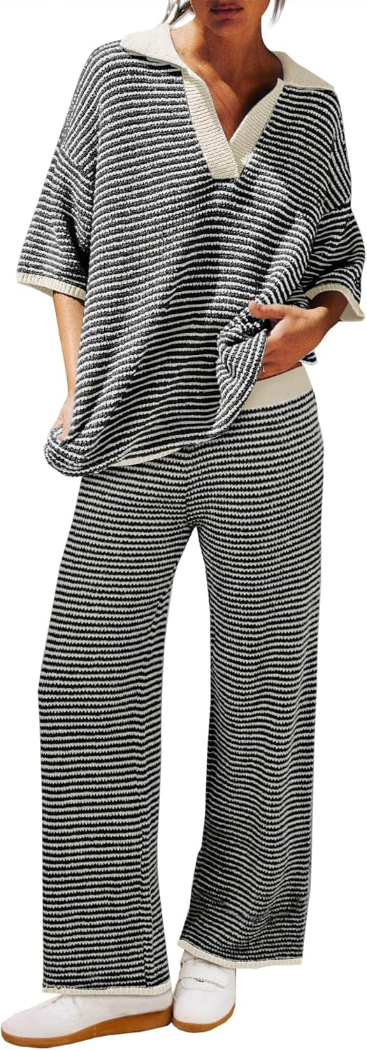 Tankaneo Womens Sweater Set Striped 2 Piece Outfits Oversized Lounge Sets | Amazon (US)