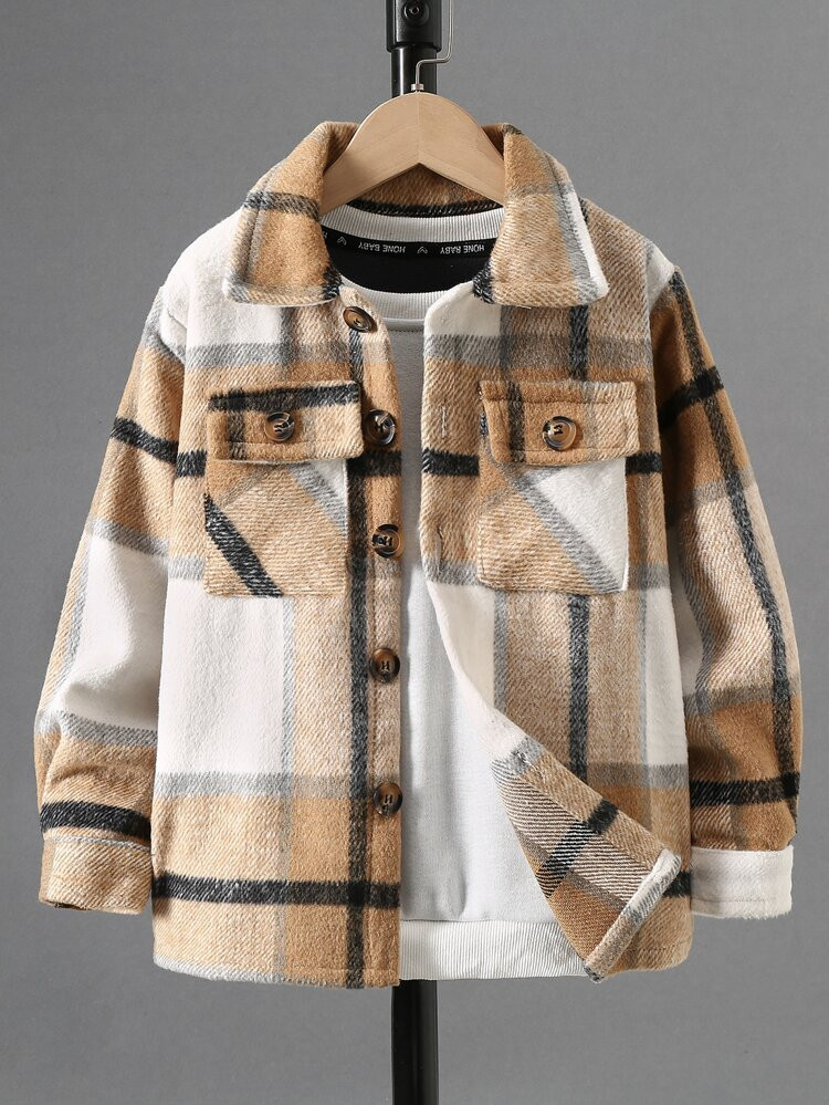 Boys Plaid Print Flap Pocket Flannel Coat Without Sweatshirt | SHEIN