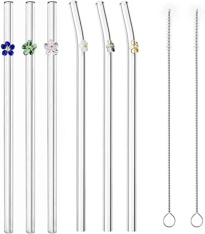 6PCS Reusable Glass Straw W/Design Glass Straw Flower ,Colorful Straws Cocktails Bar Accessories ... | Amazon (US)