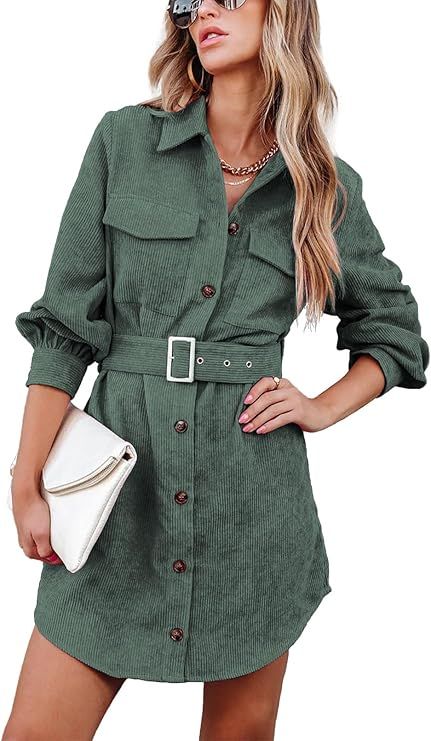 RAISECOM Womens Corduroy Dress Shacket Jacket Shirts Lapel Long Sleeve Belted Casual Fall Winter ... | Amazon (US)
