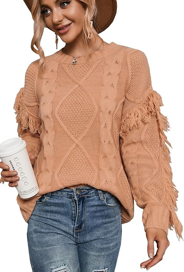 Theenkoln Women’s Sweaters Casual Crew Neck Cable Knit Solid Long Sleeve Fringe Pullover Sweate... | Amazon (US)
