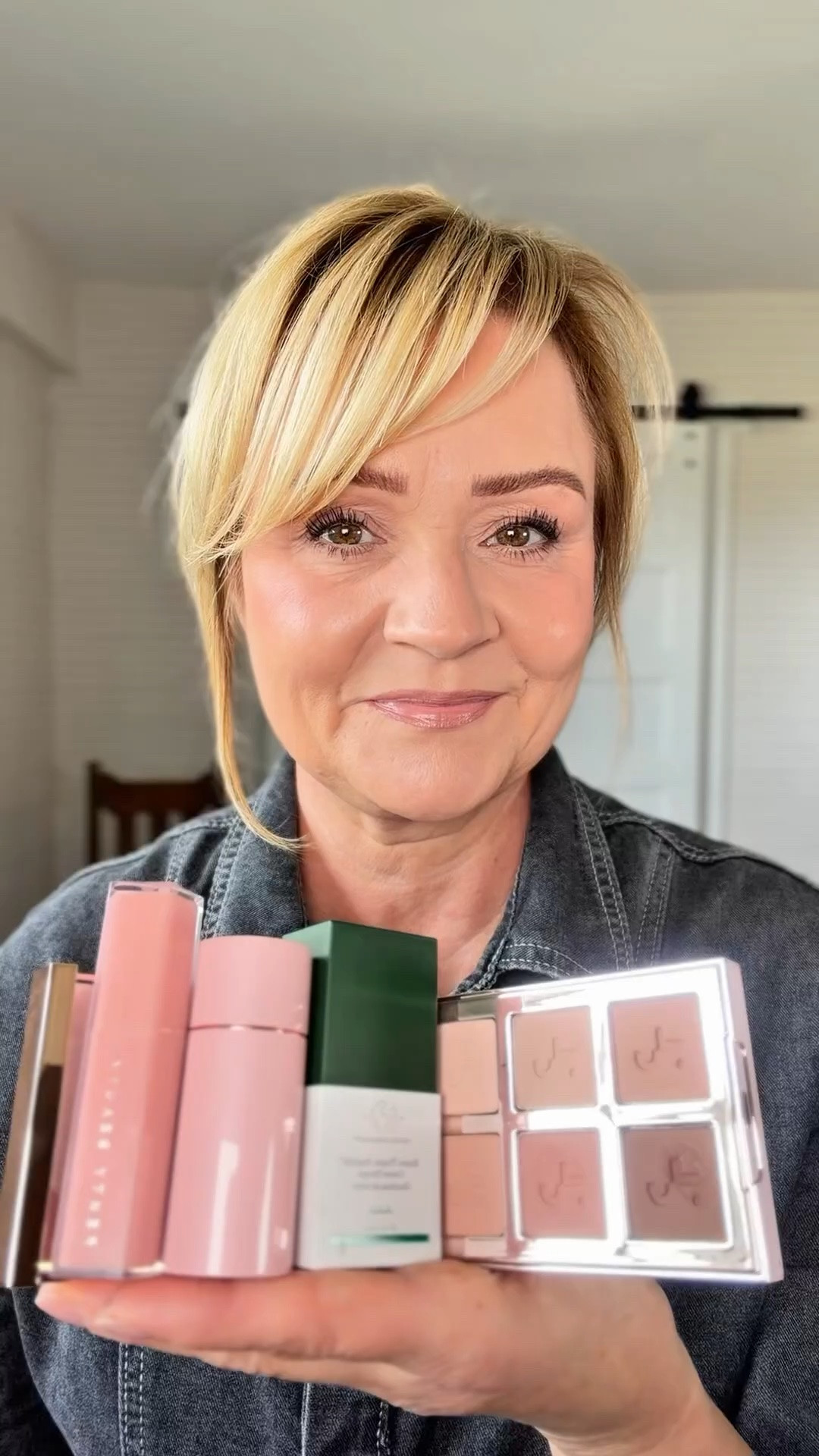 This makeup look is my current favorite.   Higher price point than I usually do but these products are gorgeous.  
Skin tint in shade Light 6N
Eyeshadow Palette in Cool Taupe
Blush in Petal
Lipstick in shade Blazd Donut
$6 concealer in shade 90
Lip liner in Dmitry
