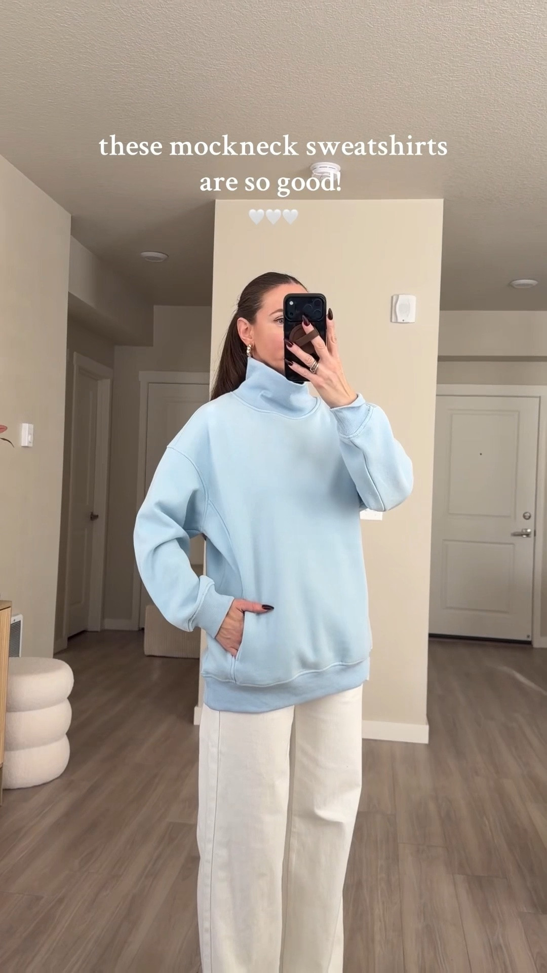 funnel neck sweater.  i'm 5'7 and wearing medium 

got it in four colors to try on .  many more colors available #funnelnecksweater #mocksweater #oversizedsweater