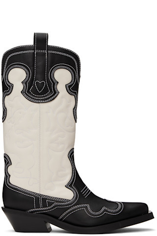 GANNI - Black & White Mid Shaft Embroidered Western Boots | SSENSE