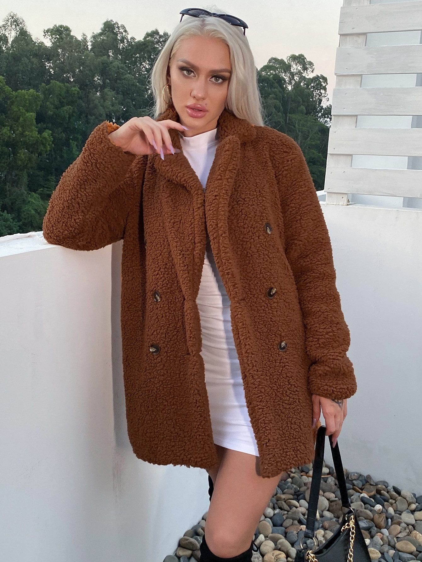 Eilly Bazar Double Button Teddy Coat | SHEIN
