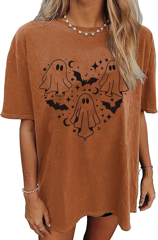 Halloween Spooky Bat T Shirt Cute Ghost Heart Print Tshirt Women Oversized Shirt Funny Gift Tops ... | Amazon (US)