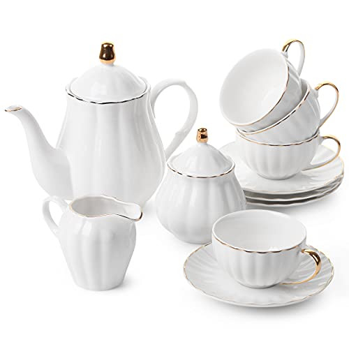 BTaT- Classic tea set, 13 pcs, Tea Cups (7oz), Tea Pot with Stainless Steel Infuser (32oz), Creamer and Sugar Set, Porcelain Tea Set, White Tea Set, Tea Pot Sets with Cups, Coffee Serving Set | Amazon (US)