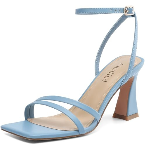 AIUNIIND Chunky Block Heels for Women, Square Open Toe Heeled Sandals, Strappy Ankle Strap Shoes for Daily, Dress, Party, Prom, Blue, Size 9 | Amazon (US)