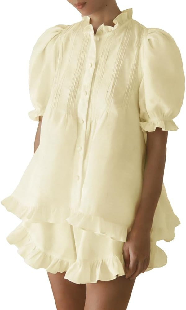 Women Ruffle 2 Piece Sets Fashion Puff Sleeve Button Down Shirts and Shorts Cotton Pajamas Sets | Amazon (US)