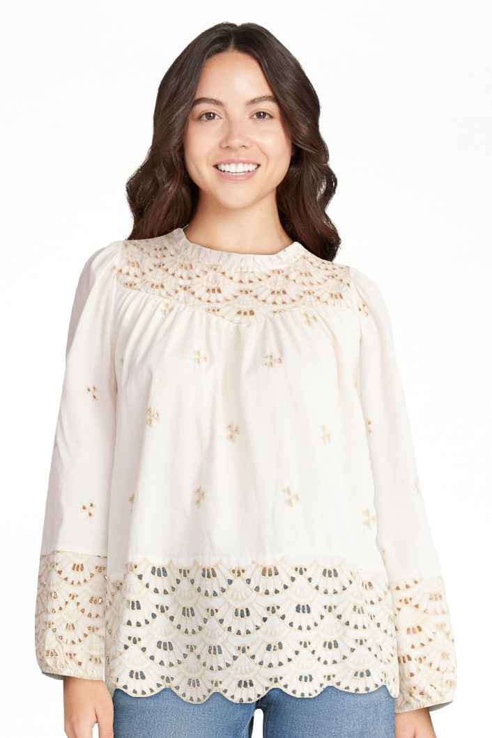 Time and Tru Women's Cotton Eyelet Blouse with Long Sleeves, Sizes XS-XXXL | Walmart (US)