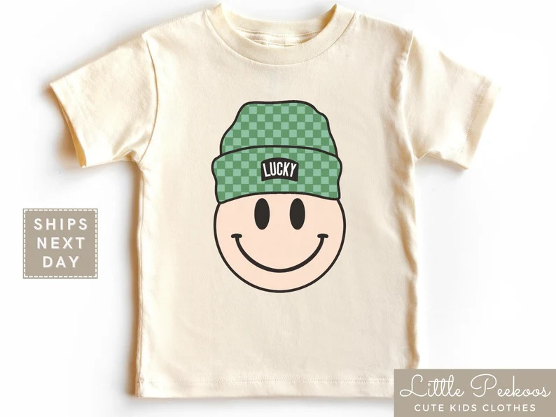 Lucky Retro Smiley Face Kids Shirt, St. Patrick's Natural Baby Onesie®, Smiley Face in Checkerbo... | Etsy (US)