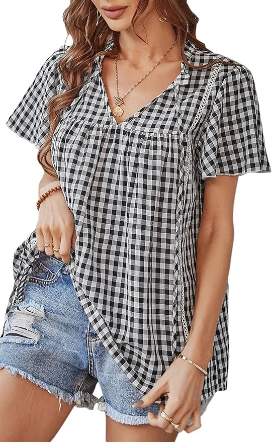 ECOWISH Womens Tops Plaid V Neck Short Sleeve Pleated Casual Blouse Ruffles Loose Fit Gingham Shi... | Amazon (US)
