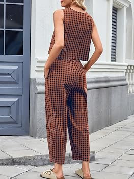Womens Cotton Gingham 2 Piece Outfit Summer Tank Top Pants Matching Casual Beach Lounge Set | Amazon (US)
