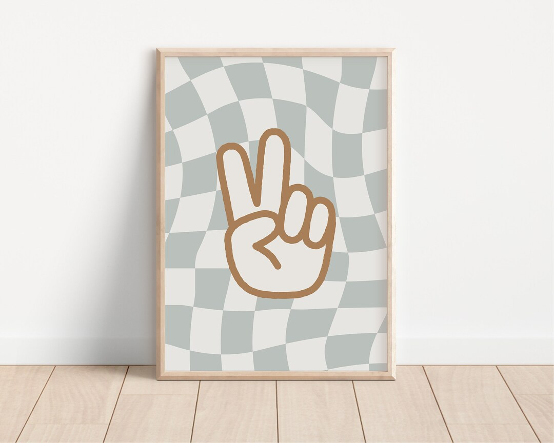 Checkerboard Peace Sign Digital Print, Neutral Sage Wall Art, Neutral Nursery Art, Cute Baby Room... | Etsy (US)