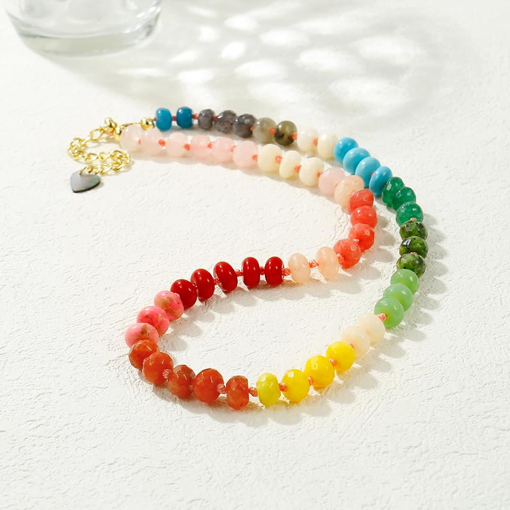 Gemstone Beaded Necklace for Women Colorful Natural Stone Freshwater Pearl Surfer Beach Rainbow N... | Amazon (US)