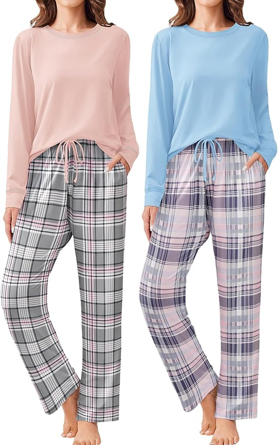 Ekouaer 2 Pack Women Pajama Long Sleeve Sleepwear Soft Loungewear Pjs Sets with Pockets S-XXL | Amazon (US)
