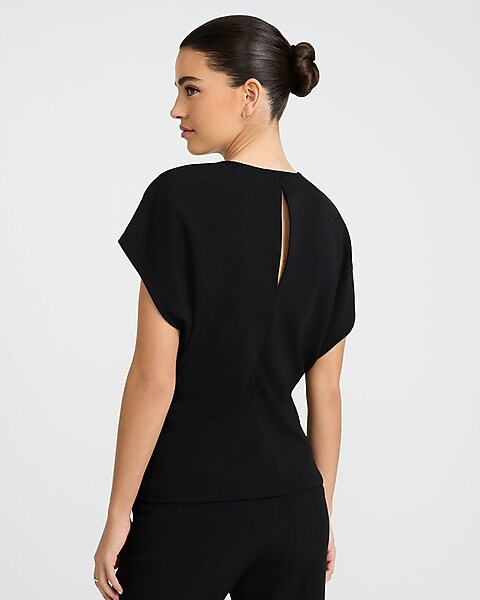 Studio Stretch Crepe Crew Neck Cap Sleeve Draped Tee | Express