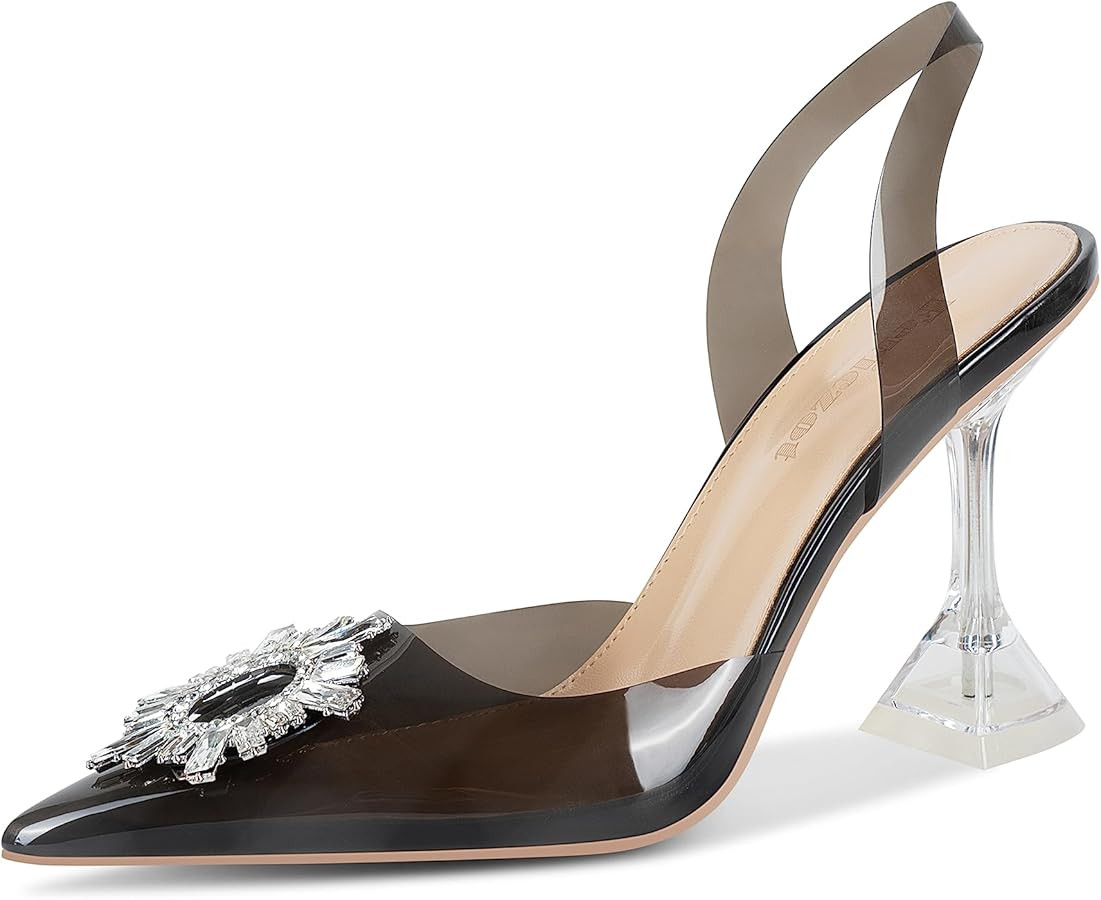 Fericzot Women's Clear Heels Shoes,Slingback Crystal Rhinestones Wedding Pointed Toe Shoes High H... | Amazon (US)