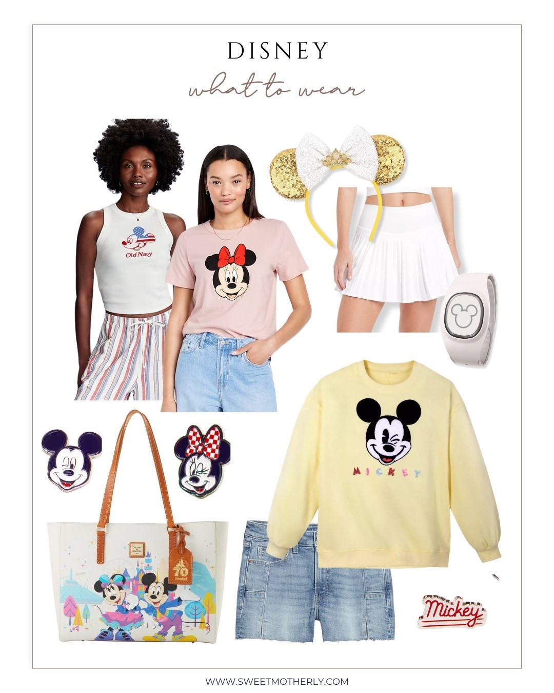 These Disney World outfit ideas for women are cute and park-ready. Pair a Minnie graphic tee with high-waisted denim shorts or wear the yellow Mickey sweatshirt for cooler mornings. Top it off with gold Disney ears, a Minnie Mouse tote bag, and a MagicBand+.

#LTKTravel #LTKStyleTip #LTKFamily
