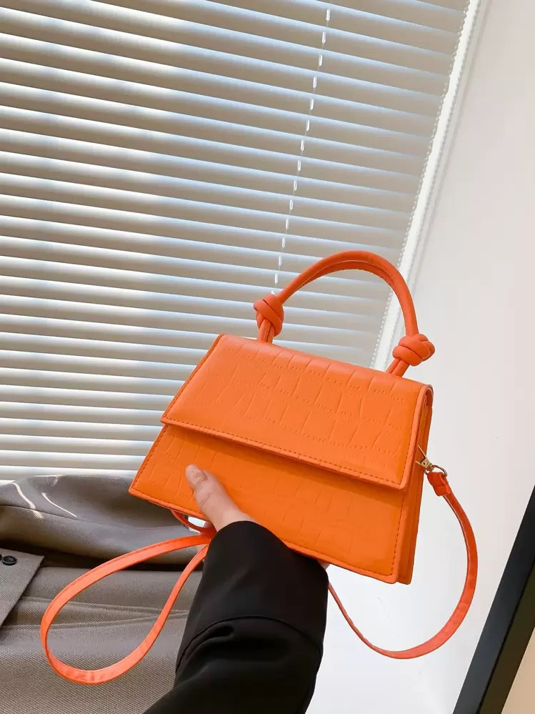 Mini Neon Orange Crocodile Embossed Flap Square Bag | SHEIN