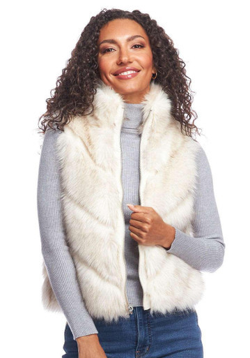Ivory Chevron Reversible Faux Fur Zip Vest | Fabulous-Furs