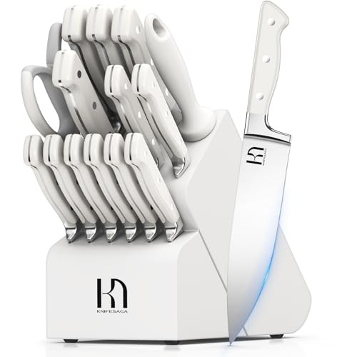 KnifeSaga Kitchen Knife Block Set, 15-Piece Enduring Ultra Sharp Knife Set, Japanese High Carbon Stainless Steel, Premium Forged Knives for Kitchen and Professional Chefs, White | Amazon (US)