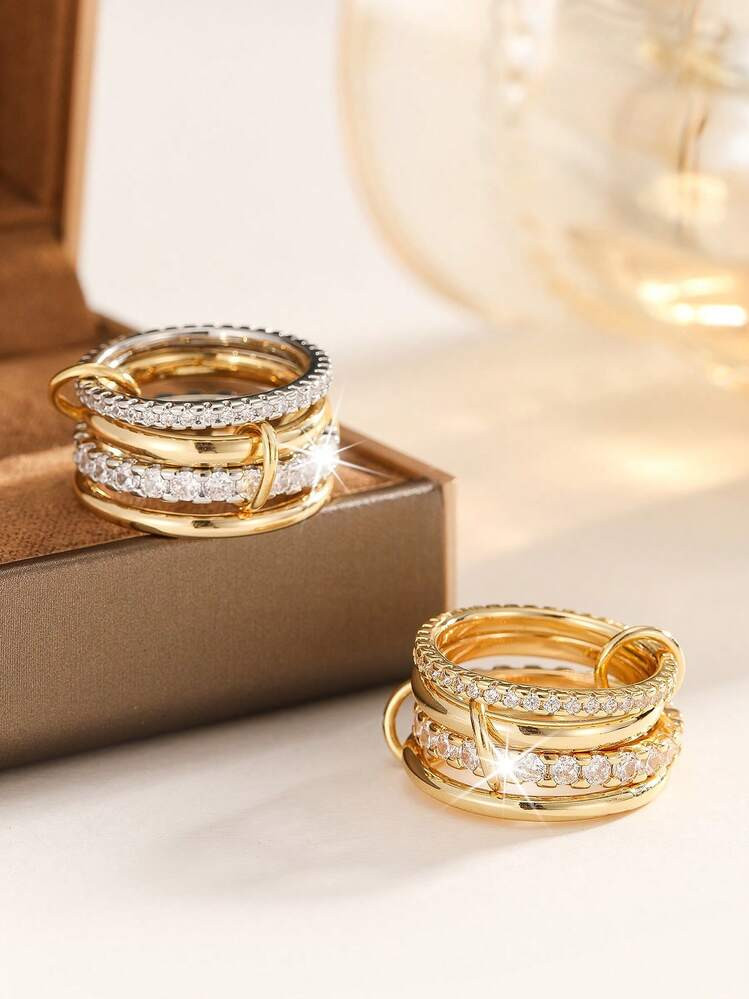 4pcs Glamorous Personalized Cubic Zirconia Multi-Layer Adjustable Copper Alloy Colorful Rings | SHEIN