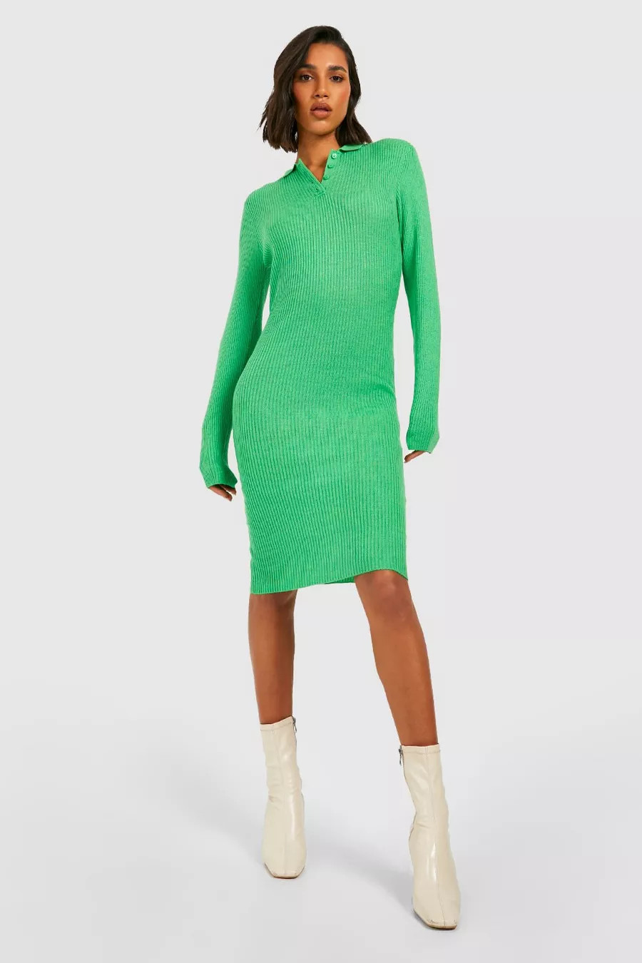 Polo Collar Rib Knit Midi Dress | Boohoo.com (US & CA)