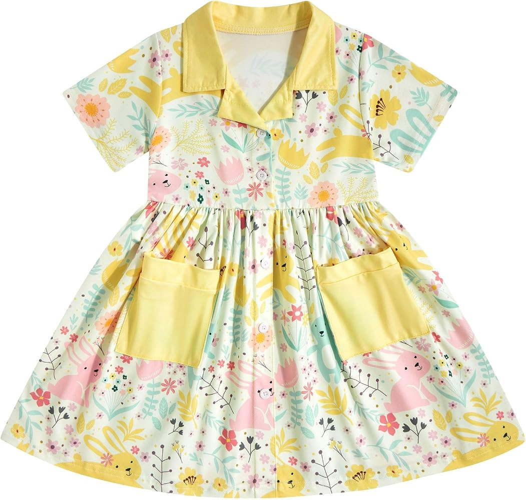 Enlifety 2-6T Toddler Girl Easter Dress Short Sleeve Bunny Floral Dresses with Pockets | Amazon (US)