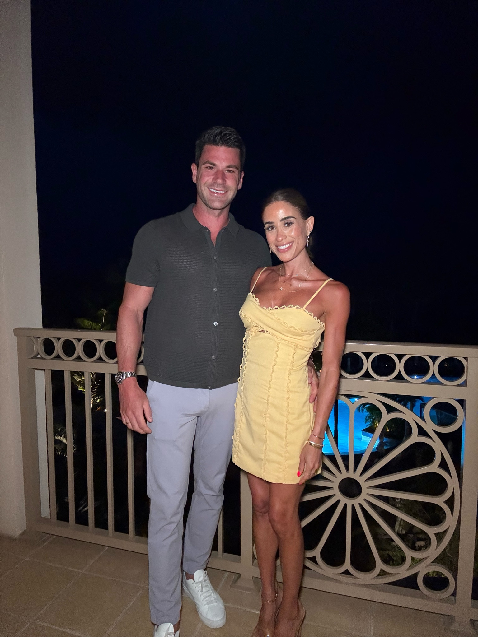 Couple vacation outfit ideas: yellow scallop dress wearing size 2. Men’s knit shirt size m with purple chino pants

#LTKTravel #LTKPetite