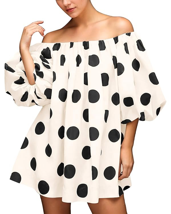 Meladyan Women's Off Shoulder Polka Dot Mini Dress Casual Puff Sleeve Loose Blouse Mini Dress Bea... | Amazon (US)