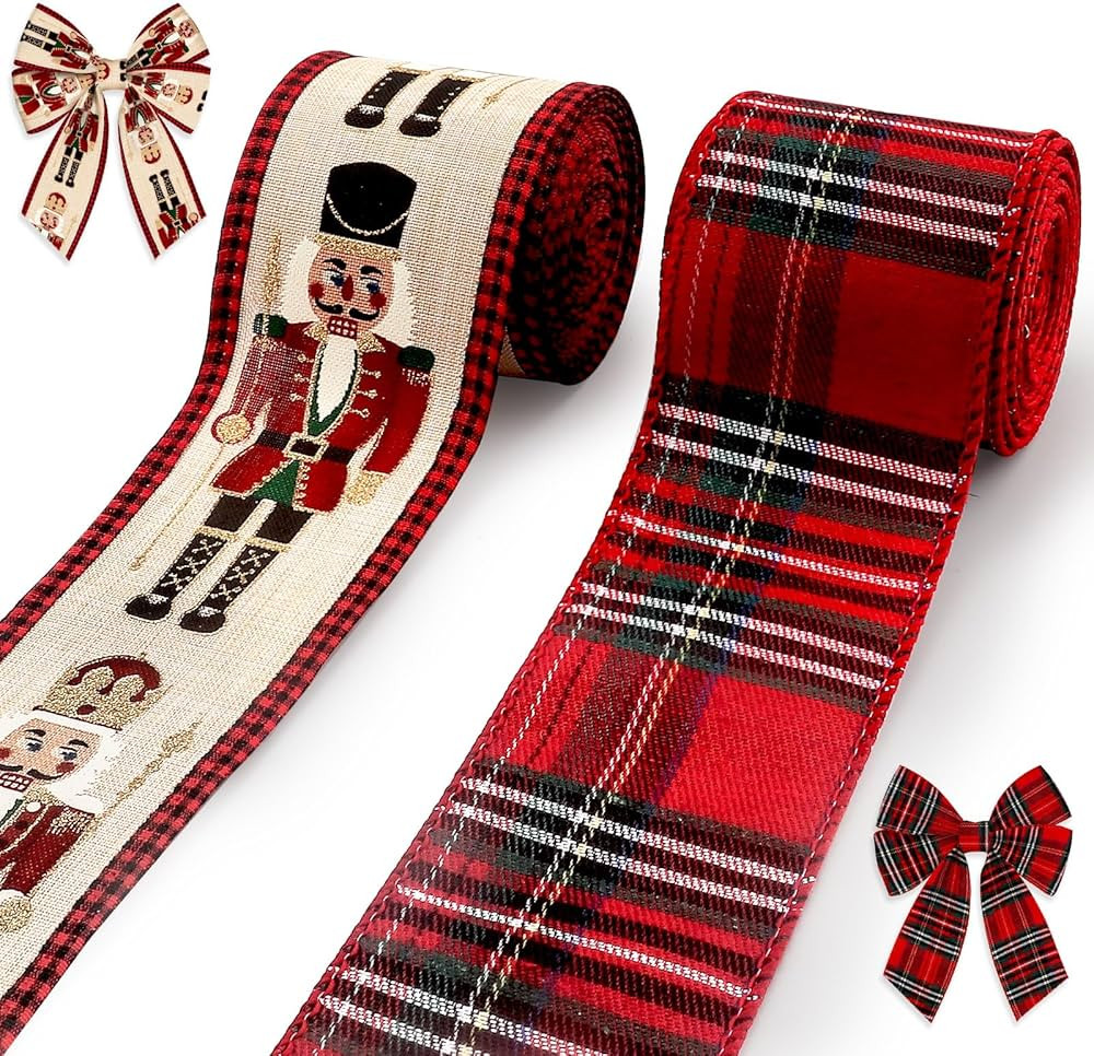 Hying Christmas Ribbons for Wreath Bows, 2.5"10 Yards Xmas Wired Edge Red Buffalo Plaid Ribbons f... | Amazon (US)