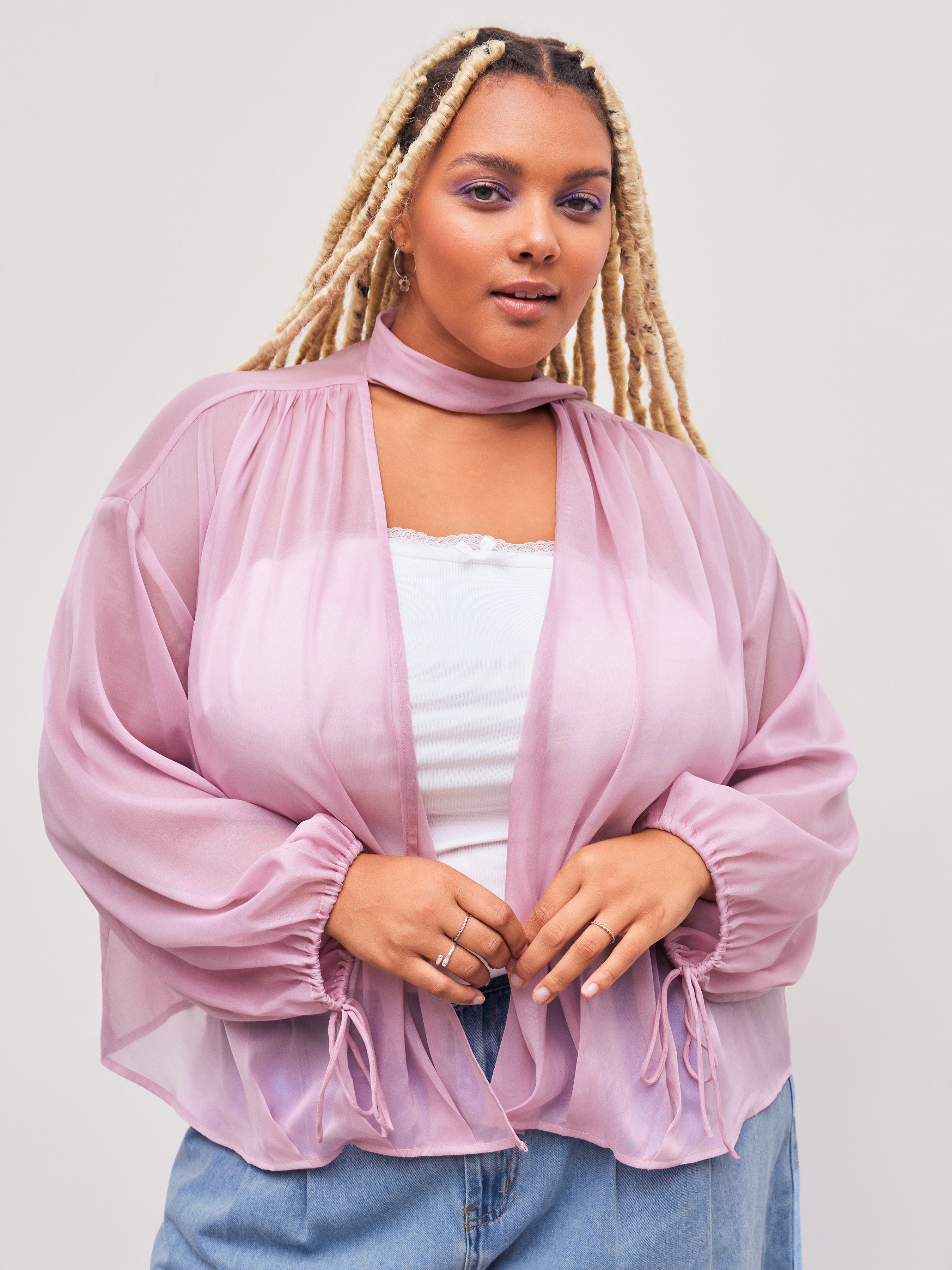 Chiffon Chiffon V-neck Knotted Long Sleeve Shirt Curve & Plus For Daily Casual Date | Cider