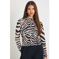 boohoo Women's Zebra Print Mesh Button Through Top in Black/White | Size: 8 | Denim | boohoo (US & Canada)