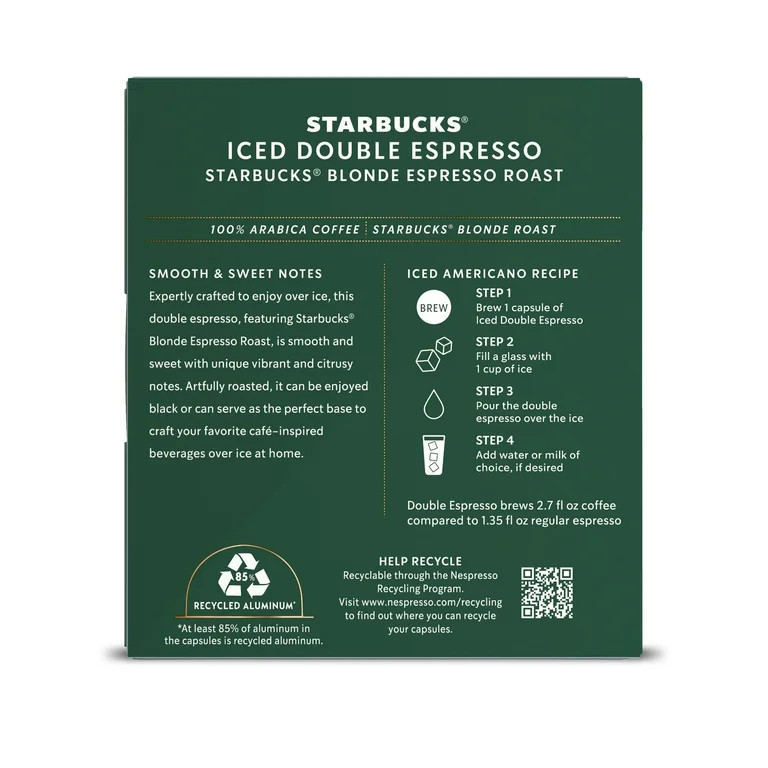 Starbucks by Nespresso Vertuo, Iced Double Espresso Starbucks Blonde Espresso Roast, 8 Pods | Walmart (US)
