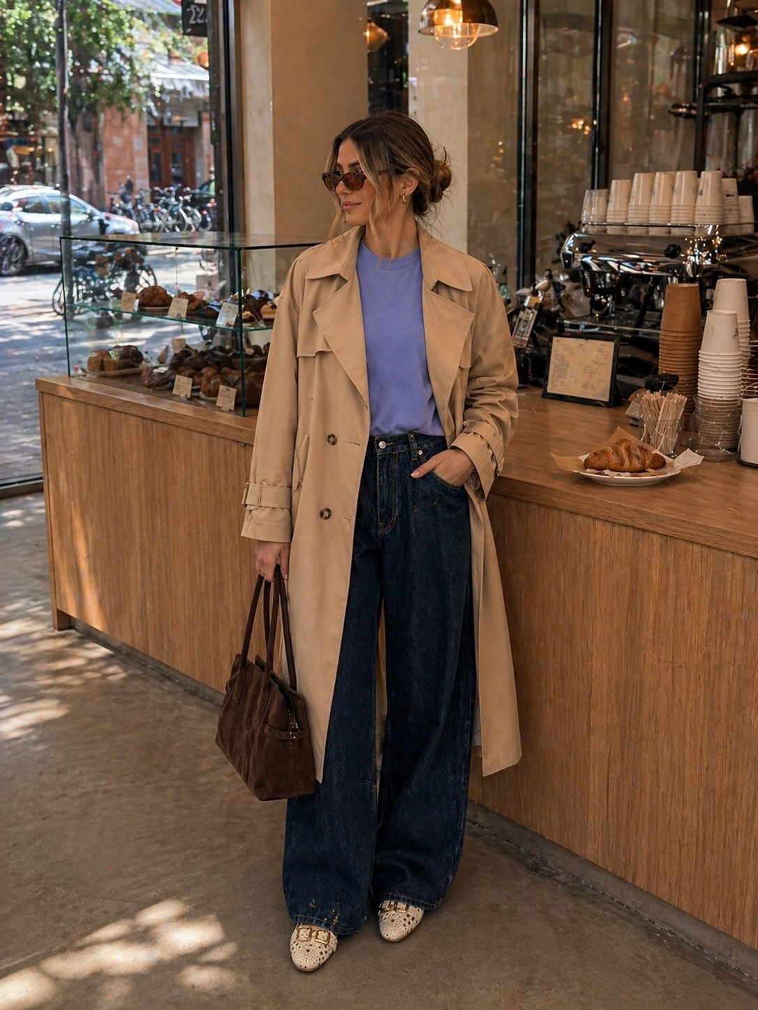 Blue tshirt trench coat casual coffee outfit 

#LTKsummer #LTKspring #LTKjeans
