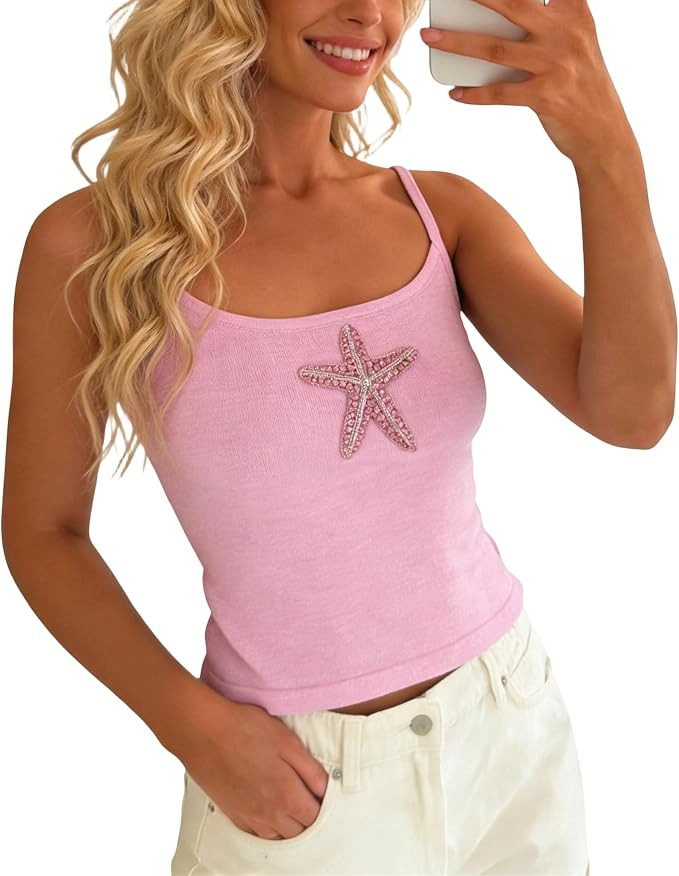 Women Y2k Starfish Cami Top Rhinestone Printed Crop Tank Tops Slim Fitted Knit Going Out Summer S... | Amazon (US)