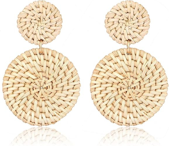 Weave Straw Double Disc Drop Earrings Boho Rattan Dangle Statement Earrings | Amazon (US)