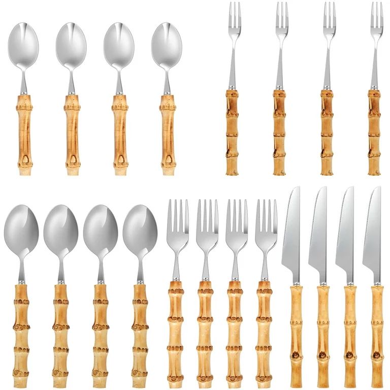 Austok Bamboo Flatware Set,20 Pieces Stainless Steel Silverware Set, Creative Dessert Forks and S... | Walmart (US)