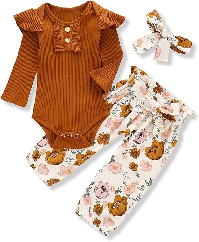 Kislio Newborn Baby Girls Clothes Ribbed Ruffled Romper+Floral Pants+Headband Infant Outfit Set | Amazon (US)