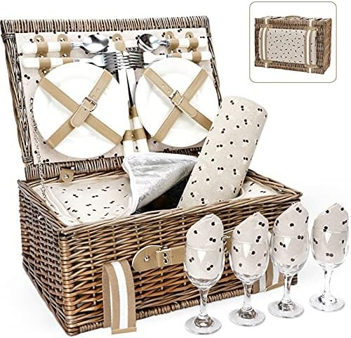 Willow Picnic Basket Set for 4 Persons with Large Insulated Cooler Bag and Waterproof Picnic Blan... | Amazon (US)