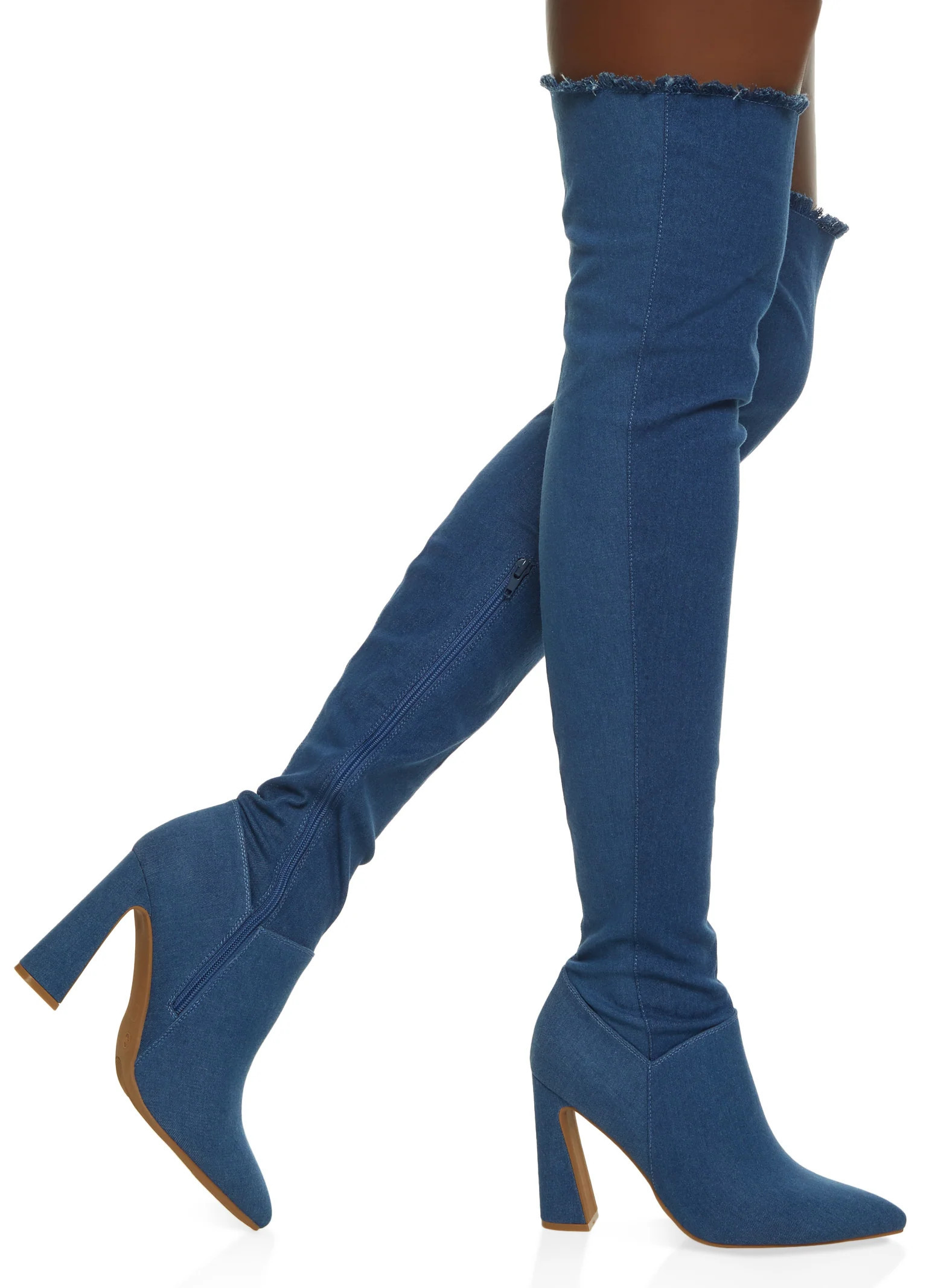 Denim Block Heel Over The Knee Boots | Rainbow Shops