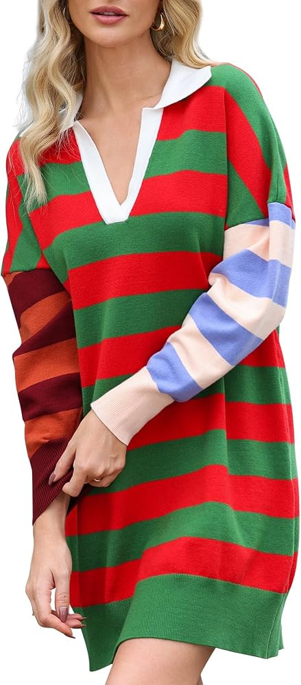 LifeShe Women's Striped Sweater Dress Long Sleeve V Neck Oversized Pullover Sweaters Fall Outfits | Amazon (US)