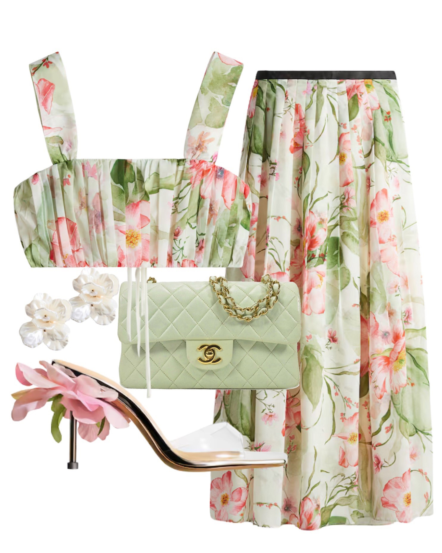 Summer outfit- Floral print maxi skirt and bralette co-ord set, flower sandals, green Chanel bag. Vacation look, holiday style, going out outfit, crop top, tropical print, matching set.

#LTKwedding #LTKeurope #LTKsummer