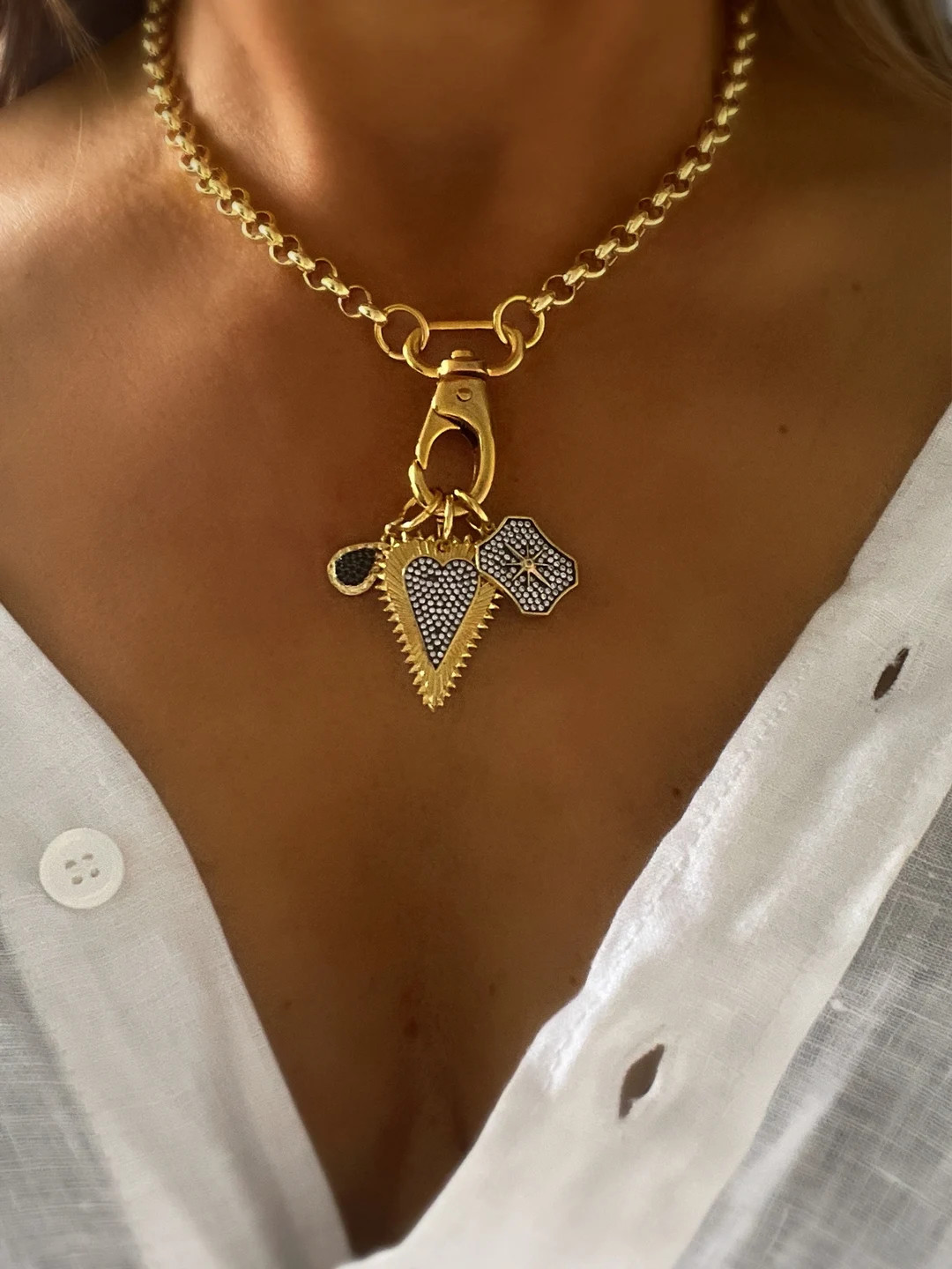 Black pave heart charm necklace, Northstar necklace | Etsy (US)